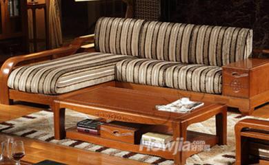 中式客厅实木沙发 金丝木 布艺转角L型组合沙发