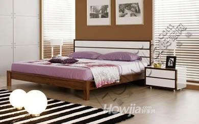 健威人性家具 迈阿密卧室系列 白色亮光 胡桃木实木边框双人床1.8*2.0米