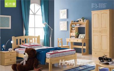 PA80-12#松木儿童家具（1.2米床+床头柜+两门衣柜+书台+书架）